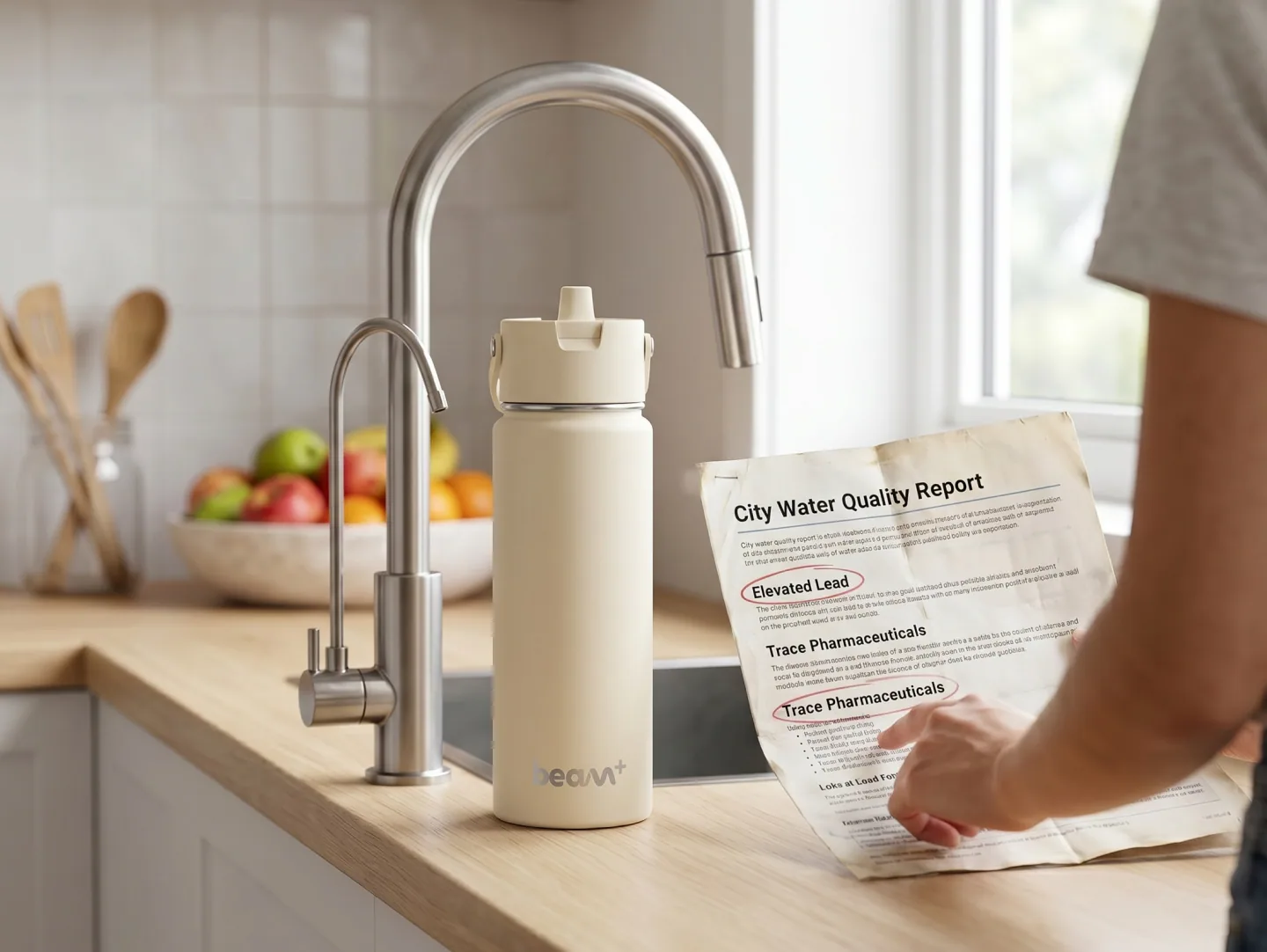 Beam+ bottle next to a city water quality report flagging elevated lead and trace pharmaceuticals