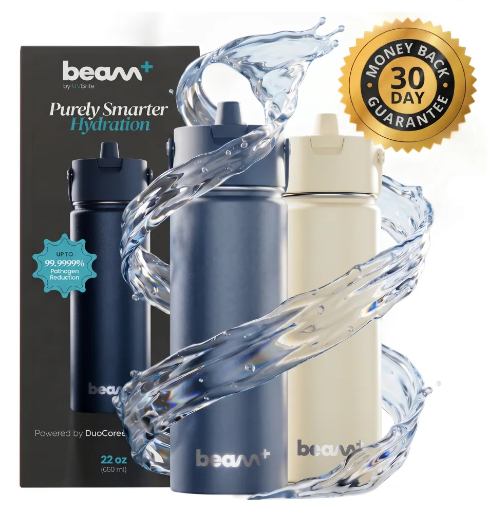 Beam+ bottles with 30-day money-back guarantee badge