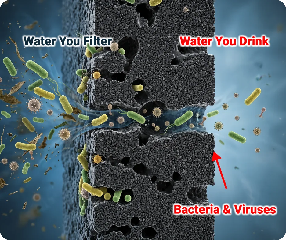Water filter comparison showing bacteria passing through carbon filters