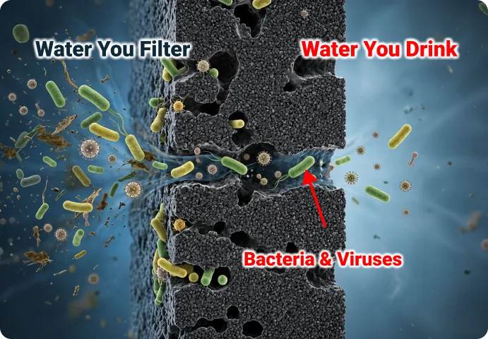 Water filter comparison showing bacteria passing through carbon filters